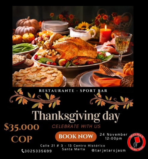Celebrate THANKSGIVING 🦃🦃😀 with a delicious Turkey 🦃😀🍂🍁 at the SPORT BAR Tarjeta Roja 😀 Restaurant for a value of $35,000 thousand pesos ✅ Let's celebrate together this important and special date to give THANKS 🙏 Reserve 📲🙋🏾‍♀️🙋🏾‍♂️🙋🏾‍♀️🙋🏾‍♂️🙋🏼‍♂️ Limited spots💯 Date: November 24, starting at 12:00 pm during NFL games we will be offering this delicious dish to celebrate together thanksgiving 🦃😀 We are waiting for you 🦃🍂🍁